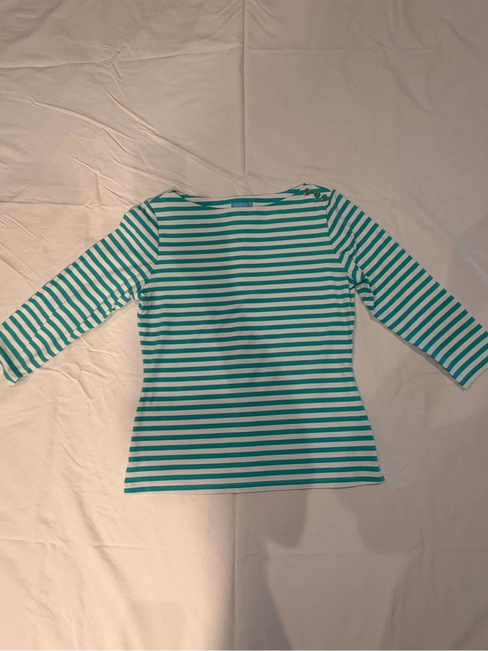 J. McLaughlin Boatneck Teal Striped 3/4 Length Sleeve Small